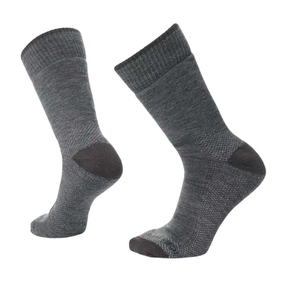 Two gray socks featuring a ribbed top, reinforced heels, and toes, designed for durability and comfort.