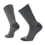 Two gray socks featuring a ribbed top, reinforced heels, and toes, designed for durability and comfort.