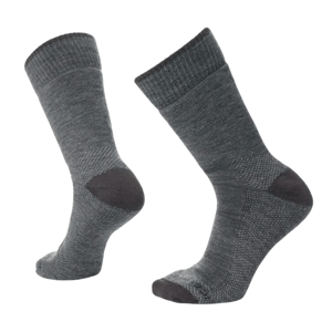 Two gray socks featuring a ribbed top, reinforced heels, and toes, designed for durability and comfort.