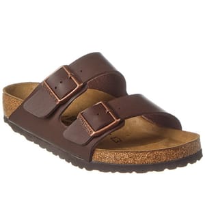 A brown Arizona Birko-Flor sandal featuring two adjustable buckled straps and a contoured cork footbed for comfort.
