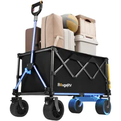 A collapsible wagon with illuminated wheels and handle, filled with various items like bags and containers, branded with BougeRV.