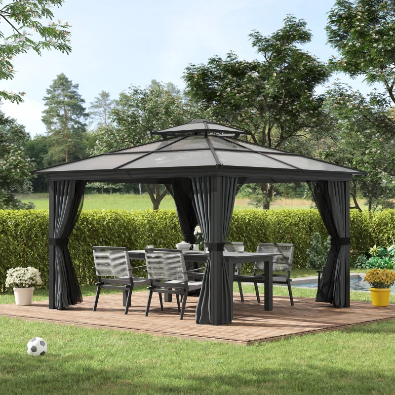 Metal gazebo with fabric curtains and an outdoor dining set including a table and six chairs on a wooden deck.