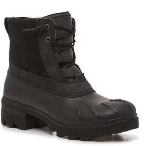 These are black Sperry Duck Boots featuring a lace-up front, a quilted ankle design, and a robust rubber sole.
