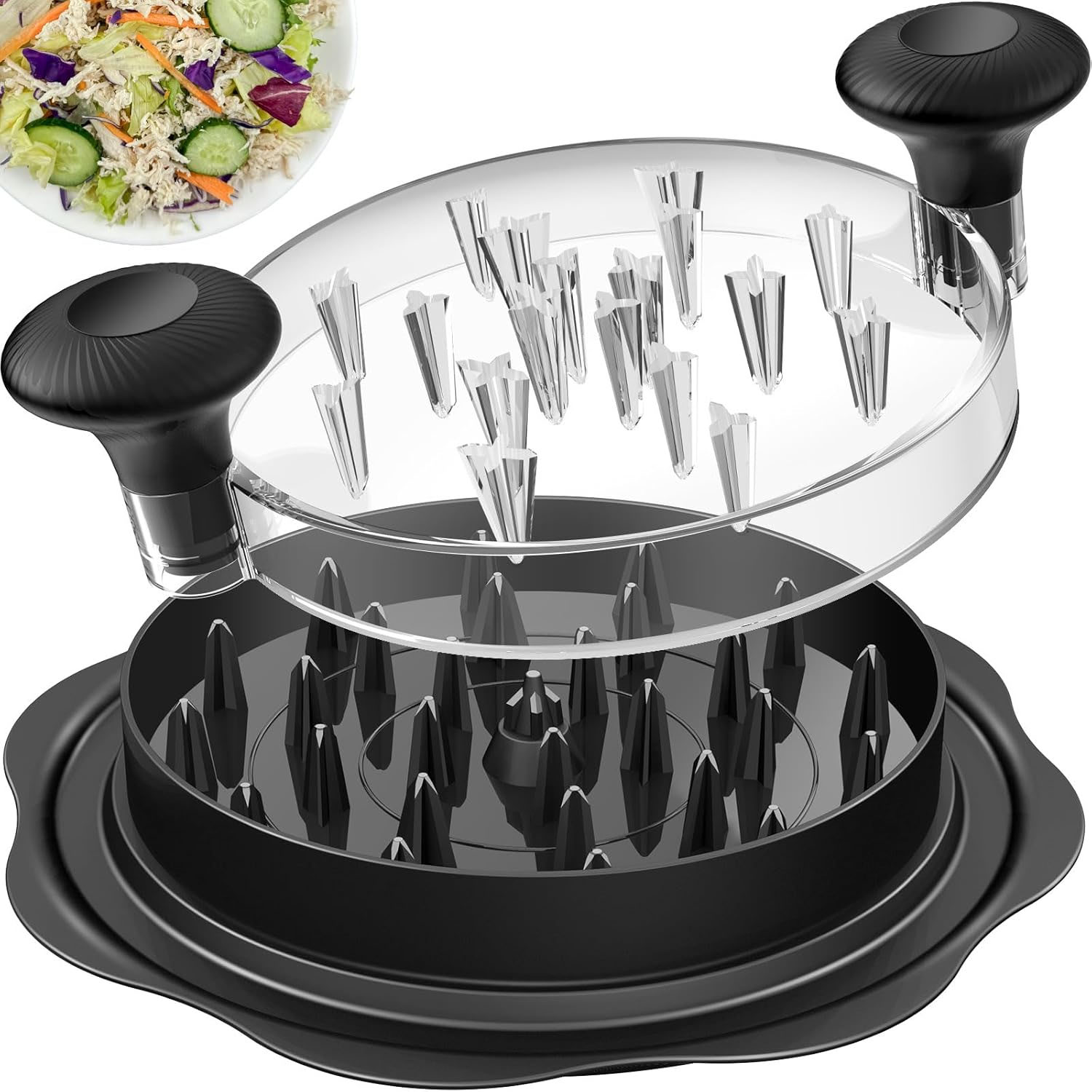 A meat shredder with spiked surfaces and clear lid, designed for tearing apart cooked meat like chicken, beef, or pork.