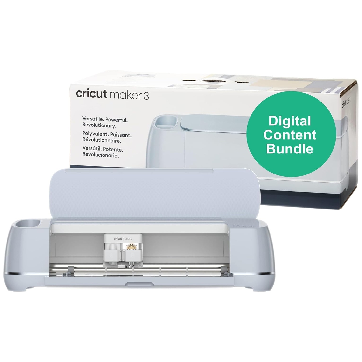 Cricut Maker 3 Digital Value Bundle includes the Cricut Maker 3 machine and a digital content bundle, featuring tools for cutting various materials like vinyl, paper, and fabric, suitable for crafting and DIY projects.