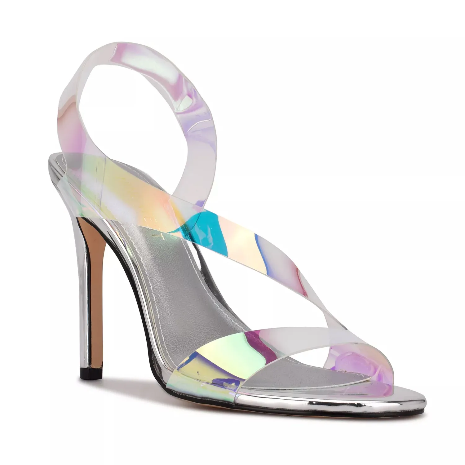 A high-heeled sandal with iridescent translucent straps and a metallic silver sole and heel.