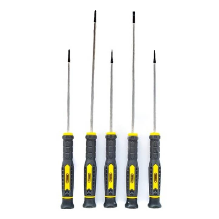 A set of five precision screwdrivers with black and yellow handles.