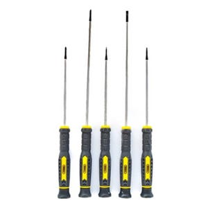 A set of five precision screwdrivers with black and yellow handles.