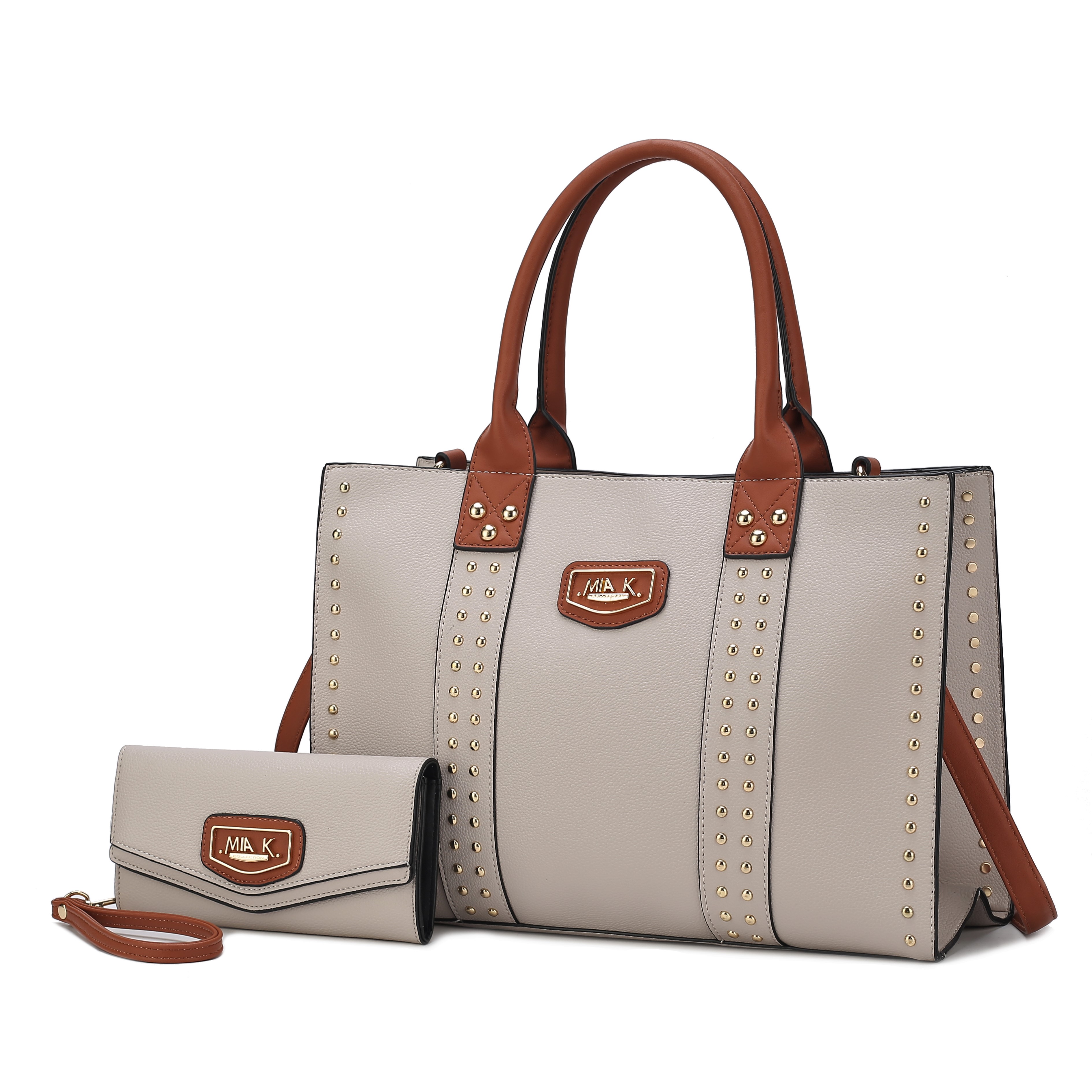 A stylish gray handbag with brown handles and gold studs, accompanied by a matching wallet with similar design elements. They feature a \“MIA K.\“ label.