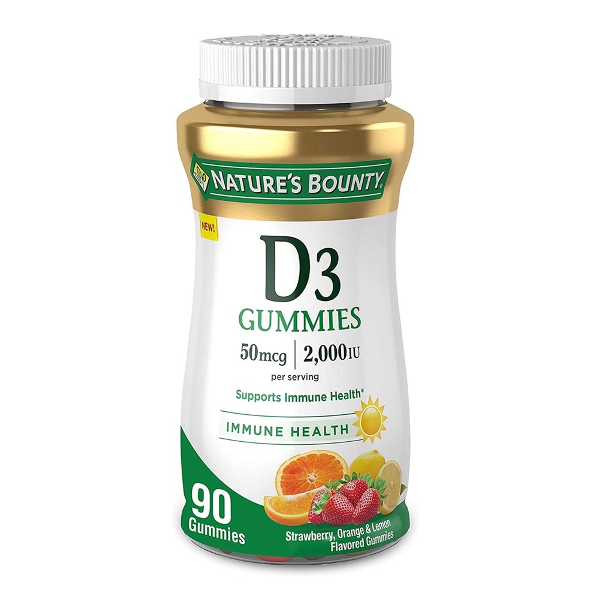 Nature's Bounty D3 Gummies, 2000 IU per serving, support immune health with strawberry, orange, and lemon flavors. Contains 90 gummies.
