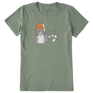 Olive green T-shirt featuring a gray cat wearing an orange hat with \“Life is Good\“ text. The shirt includes the phrase, \“What greater gift than the love of a cat?\“.