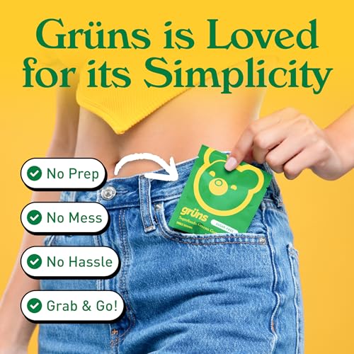 Grüns is promoted for its simplicity, highlighting benefits like no prep, no mess, no hassle, and being easy to grab and go. The packaging features a bear design.