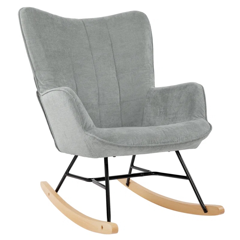 A rocking chair with a light gray cushioned seat and backrest, featuring black metal legs and natural wood rockers.