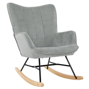 A rocking chair with a light gray cushioned seat and backrest, featuring black metal legs and natural wood rockers.
