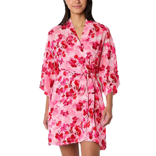 A lightweight chiffon robe featuring a pink base with red floral patterns, long sleeves, and a tie-waist belt for closure.