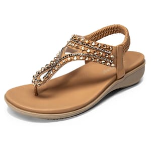 Women's sandal with a beige platform heel features a thong strap adorned with shiny rhinestones and a braided elastic ankle strap for easy wear.