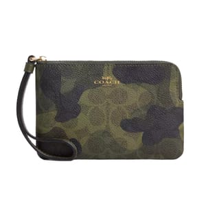 A camouflage-patterned wristlet with a logo on the front and a wrist strap.