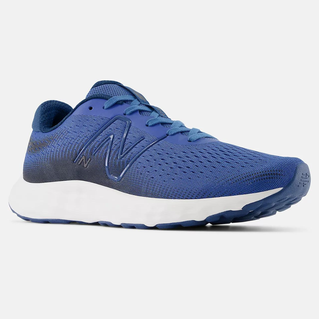 A single blue athletic shoe with a white sole.