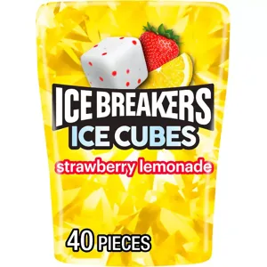 Ice Breakers Ice Cubes in the strawberry lemonade flavor, containing 40 pieces, displayed in vibrant yellow packaging with images of a strawberry, lemon slice, and speckled gum cube.