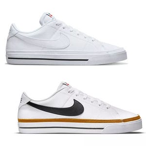 Two pairs of white sneakers with Nike's signature swoosh logo; top one has a grey stripe, bottom one a black swoosh and a brown gum sole.