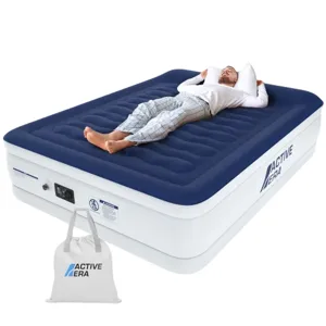 An inflatable Active Era air mattress with a person lying on it, featuring an integrated pump and a carrying bag.