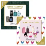 Fragrance sampler sets from JCPenney Beauty: \“Iconic Favorites\“ for men, featuring multiple colognes, and \“Scent With Love\“ for women, showcasing various perfumes. Both include a bonus atomizer.