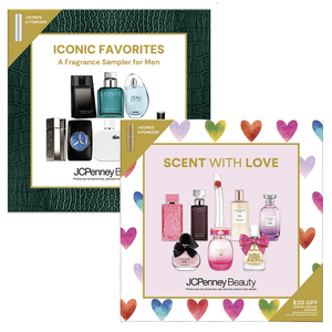 Fragrance sampler sets from JCPenney Beauty: \“Iconic Favorites\“ for men, featuring multiple colognes, and \“Scent With Love\“ for women, showcasing various perfumes. Both include a bonus atomizer.