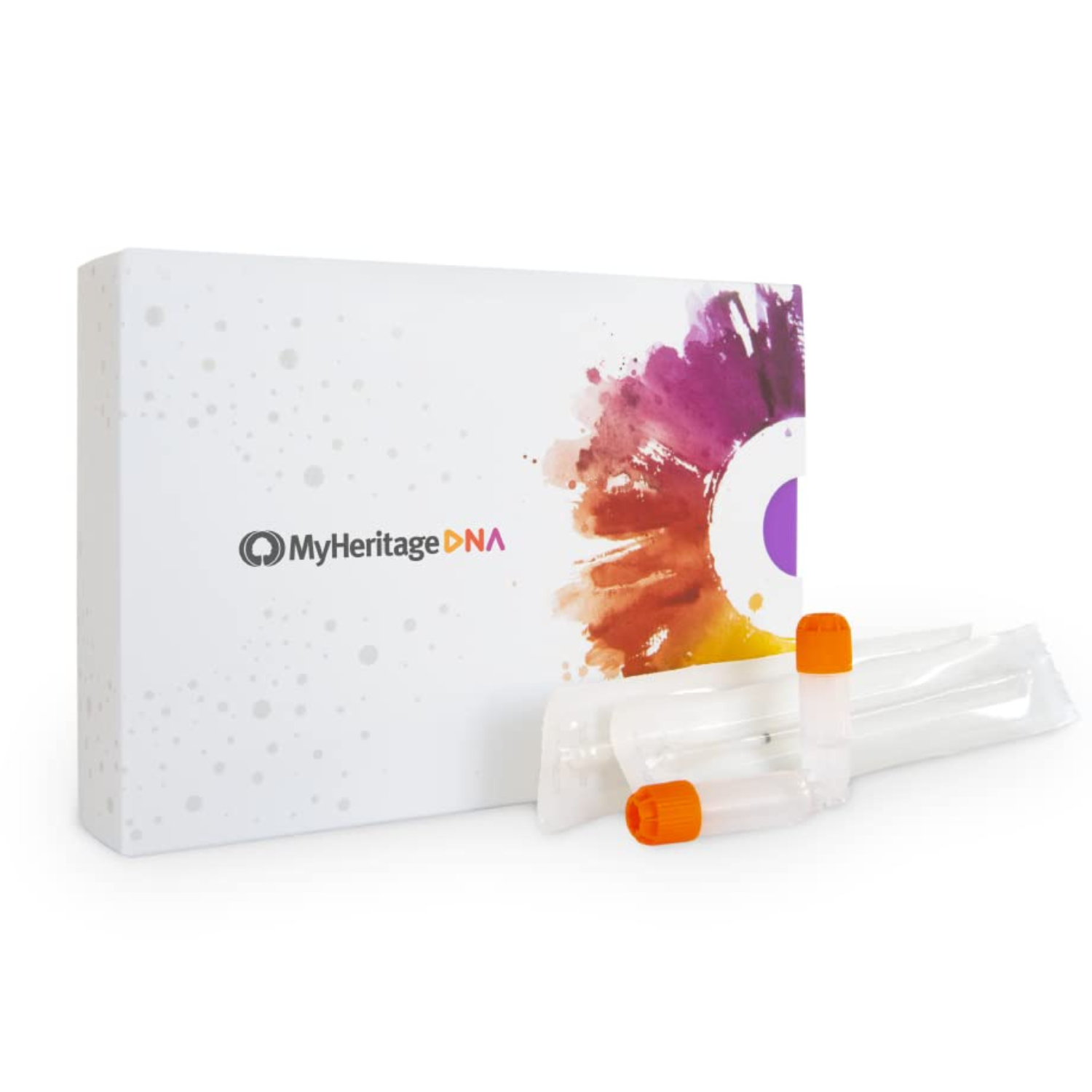 MyHeritage DNA Kit includes a white box with a colorful splash design, and two clear tubes with orange caps for DNA sample collection.