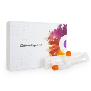 MyHeritage DNA Kit includes a white box with a colorful splash design, and two clear tubes with orange caps for DNA sample collection.