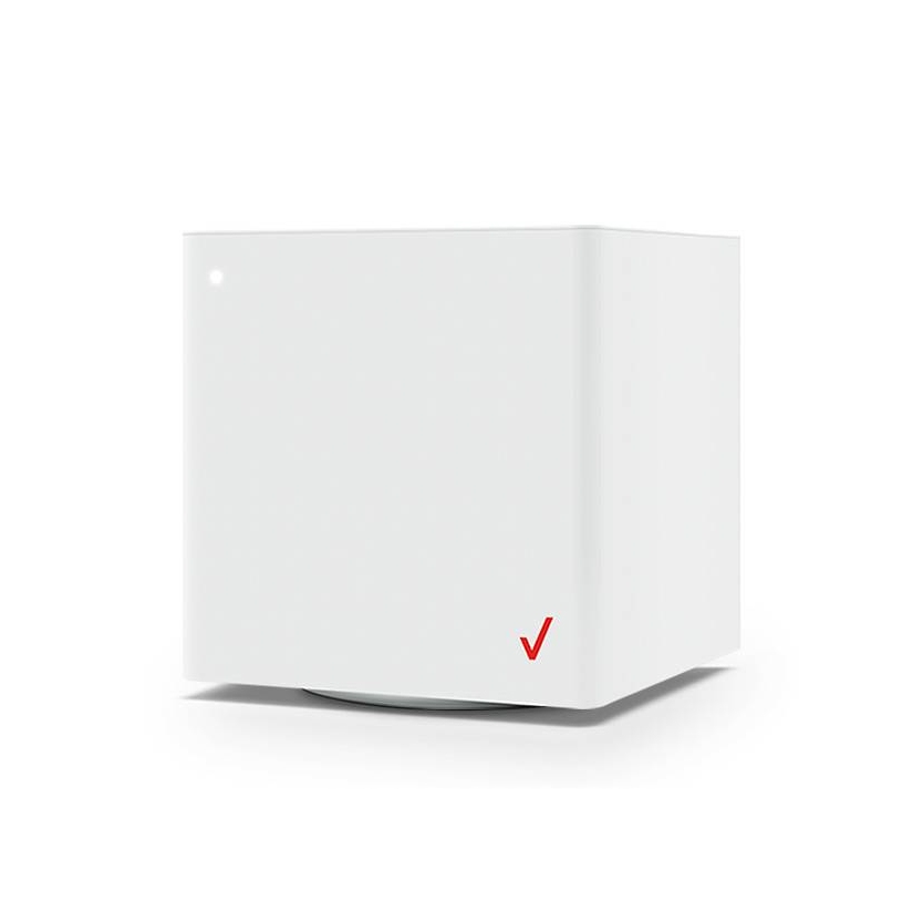 A white, cubic device with a single LED indicator on the front and a red checkmark logo on the bottom right corner.