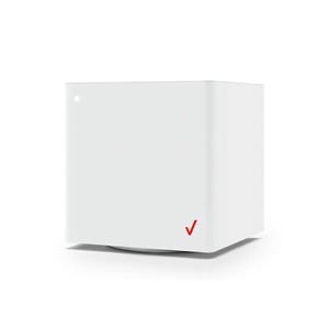 A white, cubic device with a single LED indicator on the front and a red checkmark logo on the bottom right corner.