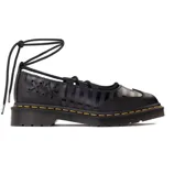 Black lace-up shoe with clear upper accents, featuring a thick sole with yellow stitching, and a unique ankle-tie design.