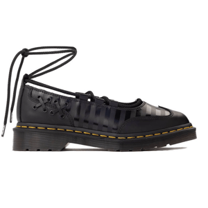 Black lace-up shoe with clear upper accents, featuring a thick sole with yellow stitching, and a unique ankle-tie design.