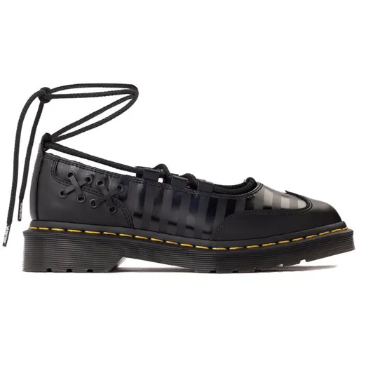 Black lace-up shoe with clear upper accents, featuring a thick sole with yellow stitching, and a unique ankle-tie design.