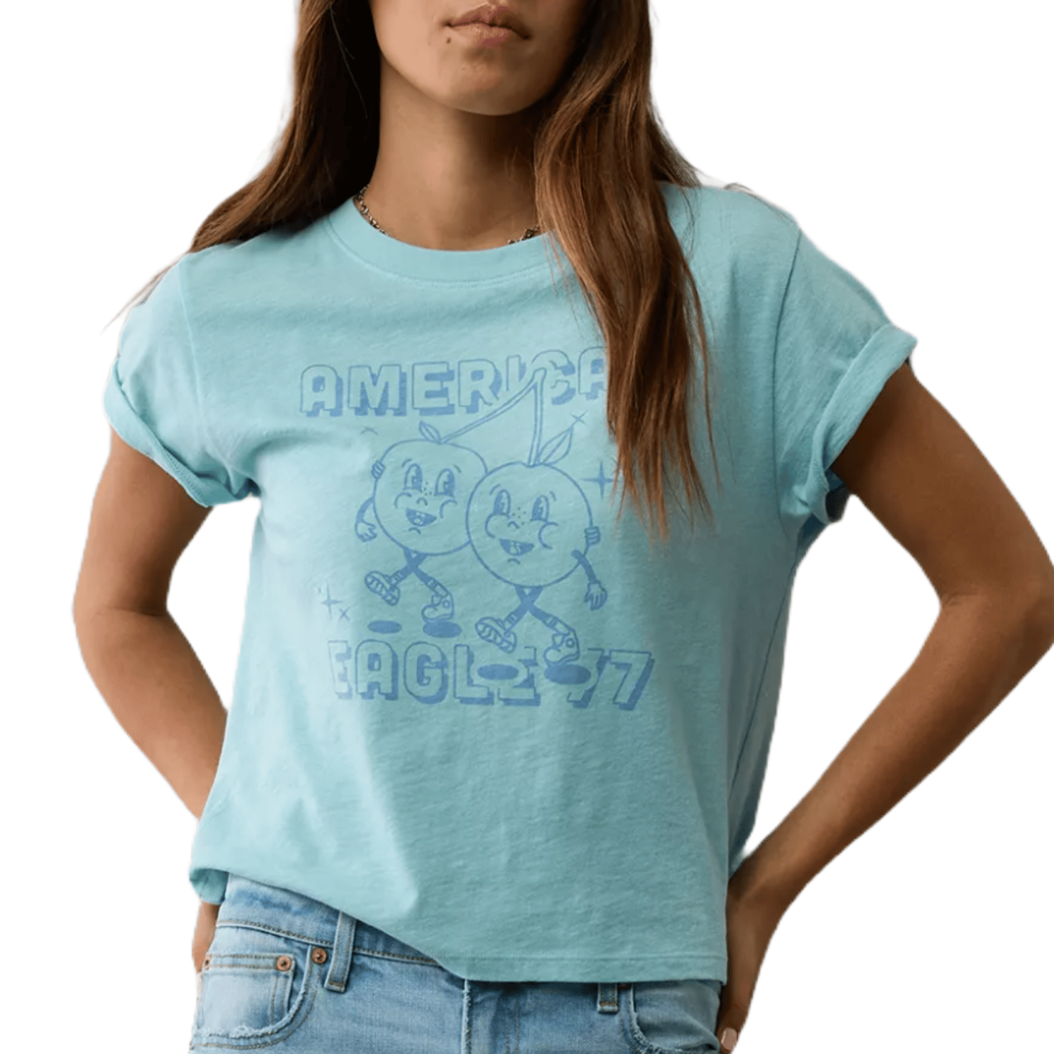 A light blue crewneck t-shirt featuring a vintage-style graphic of two cartoon birds with the words \“American Eagle 77.\“