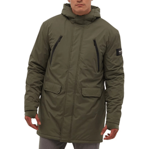 The Bench DNA Guthrie Tech Parka is an olive-green, hooded jacket featuring two vertical zippered chest pockets, two flap waist pockets, and a sleek, insulated design suitable for cold weather.