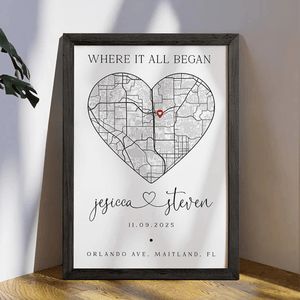 Framed map art with a heart shape featuring a location marker, personalized with the names \“Jessica\“ and \“Steven,\“ a date (11.09.2025), and the address \“Orlando Ave. Maitland, FL,\“ with the phrase \“Where It All Began.\“