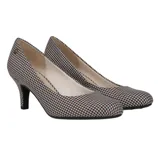 A pair of houndstooth-patterned, mid-heel pumps with a round toe design.