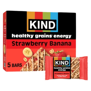 KIND Healthy Grains Energy Bars in Strawberry Banana flavor, featuring a box of five bars and one individually wrapped bar, highlight ingredients like strawberries and bananas on the packaging.
