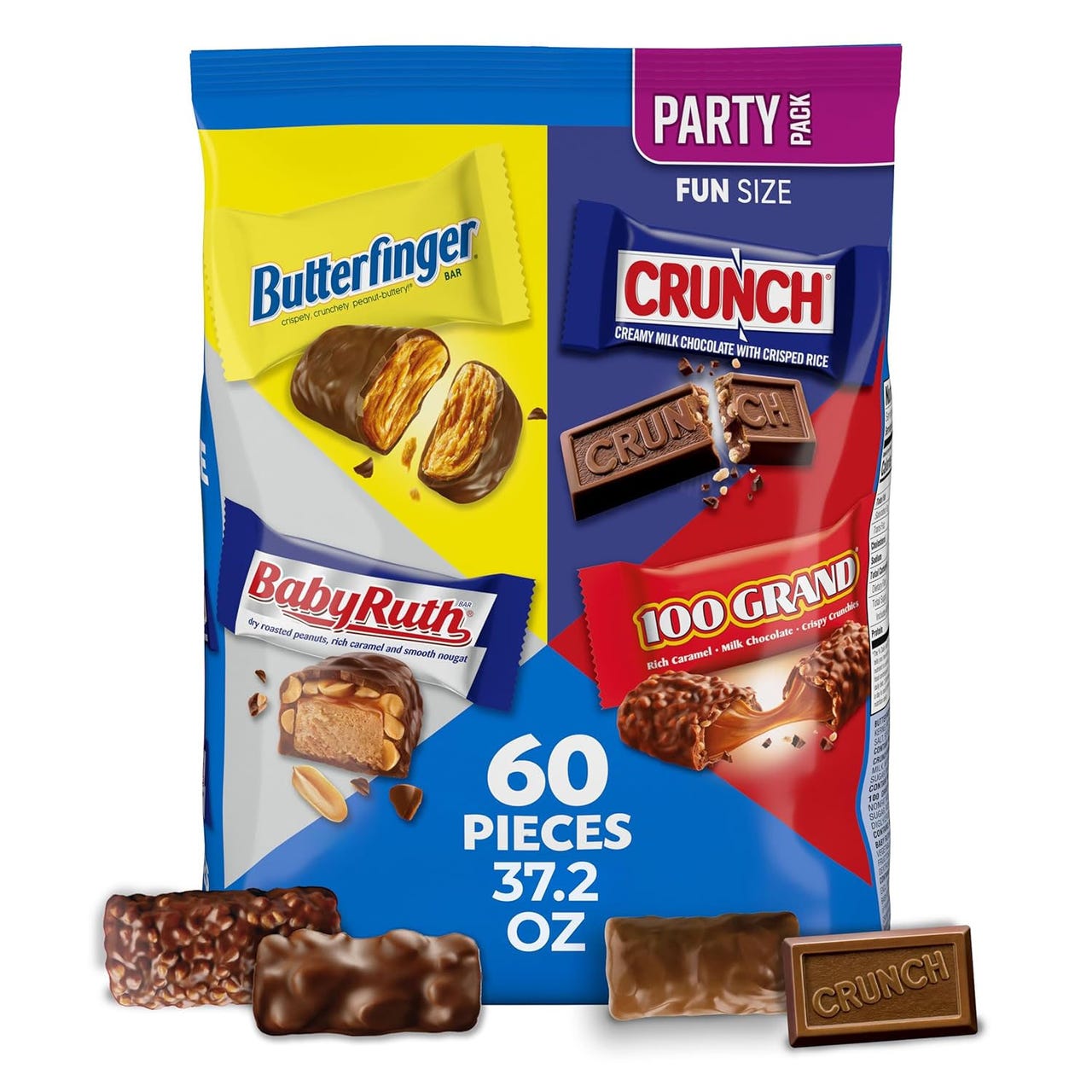 Party pack of fun-size candy bars includes Butterfinger, Crunch, Baby Ruth, and 100 Grand. Contains 60 pieces, 37.2 oz total.