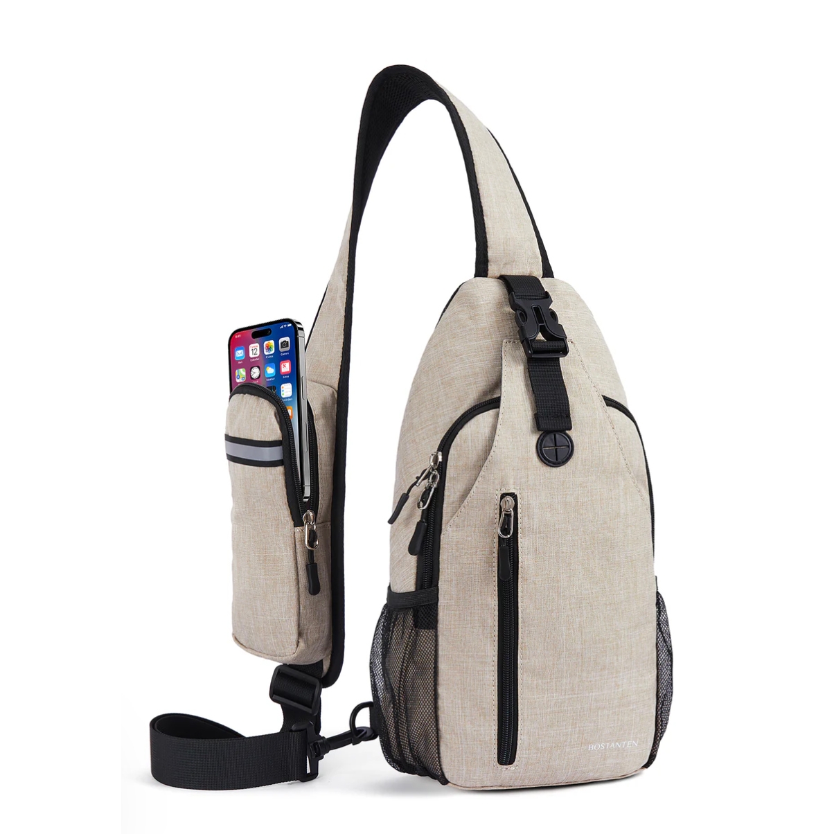 A beige multi-pocket sling bag features several zippered compartments, a mesh side pocket, and an adjustable strap with a phone pocket. The bag includes a black buckle and strap details for secure closure.