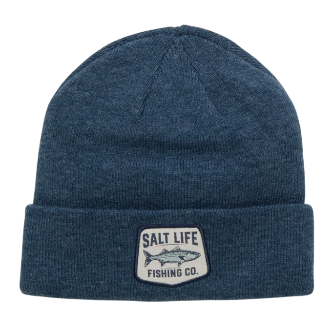 A blue knit beanie featuring a \“Salt Life Fishing Co.\“ patch with a fish graphic.