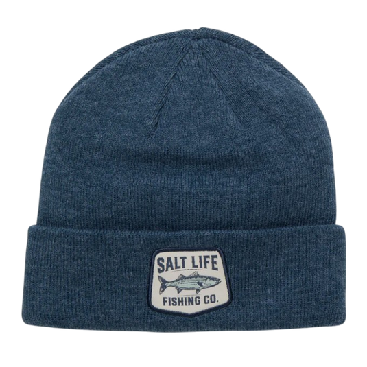 A blue knit beanie featuring a \“Salt Life Fishing Co.\“ patch with a fish graphic.