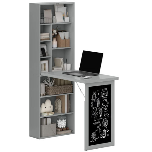 A multifunctional shelving unit with a fold-out desk, equipped with a laptop and a chalkboard front. The shelves are filled with books, decorative items, and storage boxes.