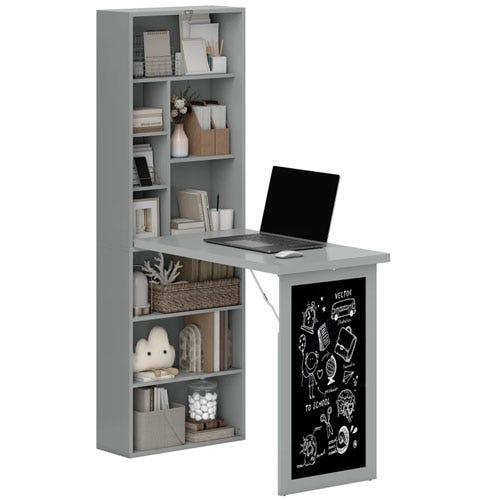 A multifunctional shelving unit with a fold-out desk, equipped with a laptop and a chalkboard front. The shelves are filled with books, decorative items, and storage boxes.