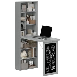 A multifunctional shelving unit with a fold-out desk, equipped with a laptop and a chalkboard front. The shelves are filled with books, decorative items, and storage boxes.