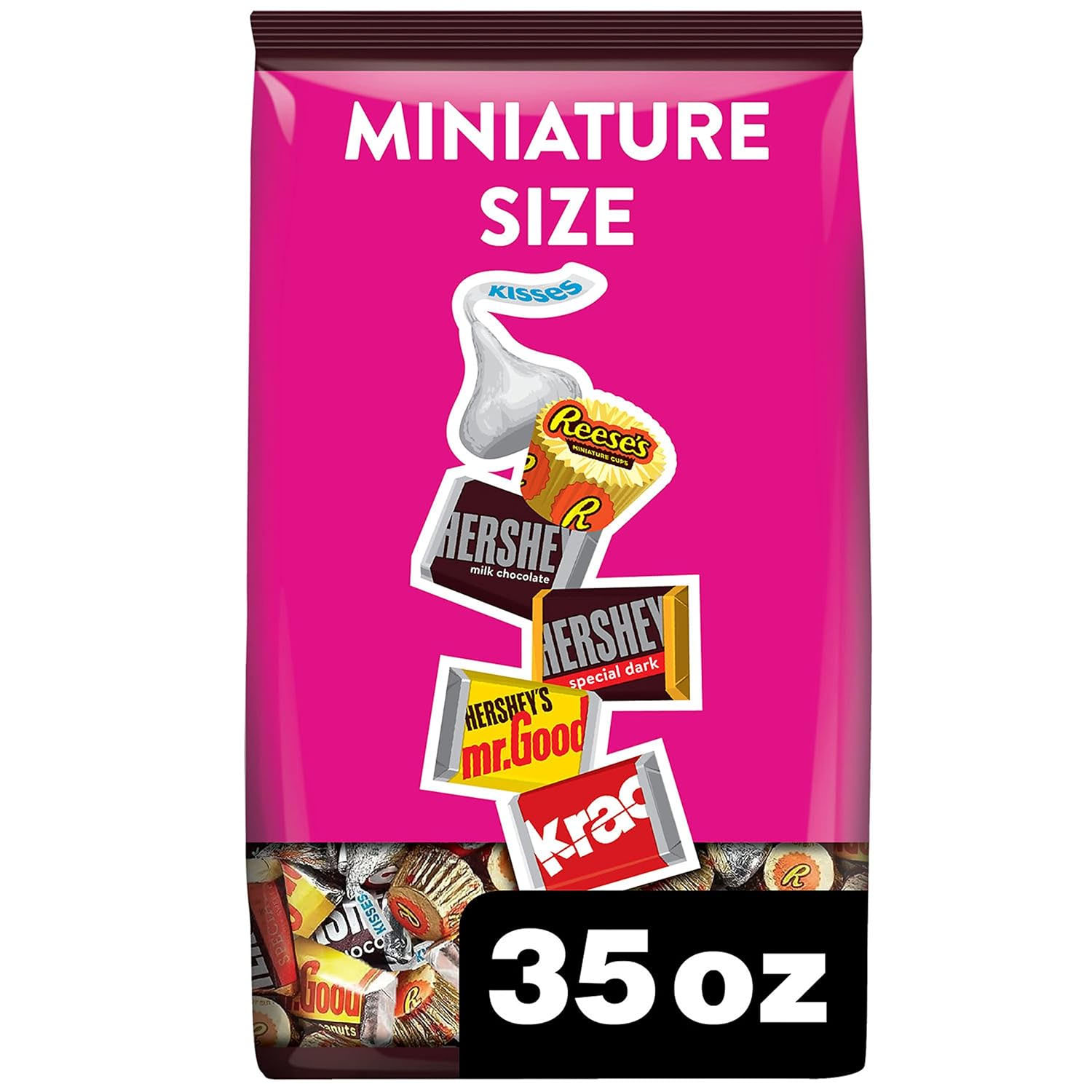 Hershey's Miniatures Variety Pack, 35 oz, includes miniature-sized Hershey's Milk Chocolate, Special Dark, Krackel, Mr. Goodbar, Reese's Peanut Butter Cups, and Kisses.