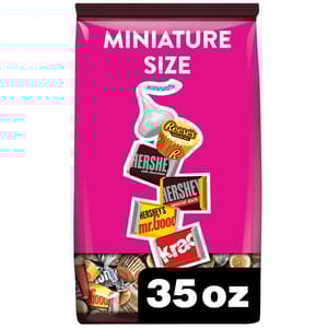 Hershey's Miniatures Variety Pack, 35 oz, includes miniature-sized Hershey's Milk Chocolate, Special Dark, Krackel, Mr. Goodbar, Reese's Peanut Butter Cups, and Kisses.