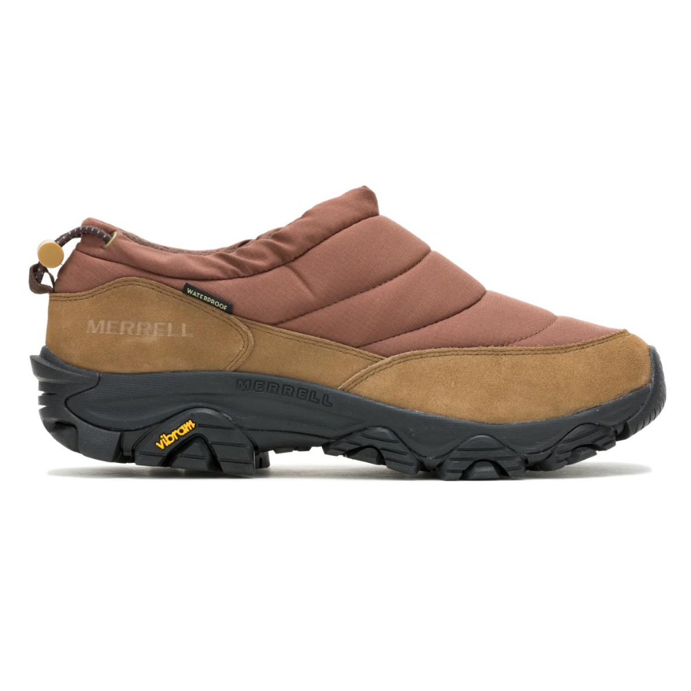 Merrell waterproof slip-on shoe with brown upper, padded design, durable Vibram sole, and pull-tab at the heel.