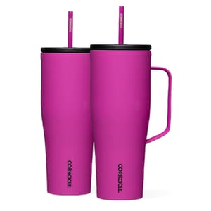 Two magenta 30oz Corkcicle Cold Cup Tumblers, featuring a matte finish, black lids, magenta straws, and one tumbler with a handle.